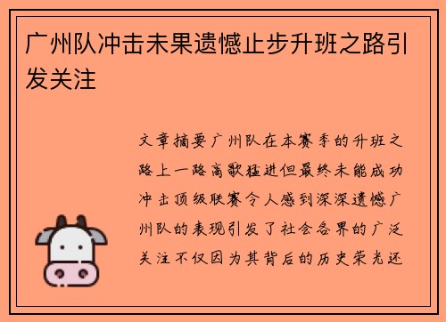 广州队冲击未果遗憾止步升班之路引发关注